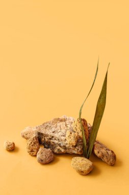 Turuncu arka planda yaprakları olan dekoratif taş podyumlar