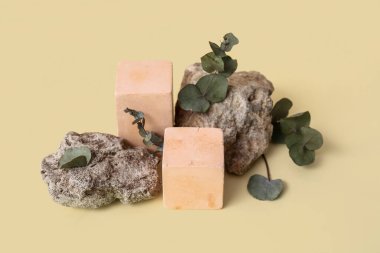 Bej arka planda okaliptüslü dekoratif taş podyumlar