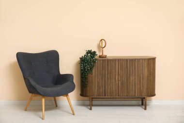 Koyu gri koltuk. Şifoniyeri, aynası ve bej duvarın yanında bitkisi var.