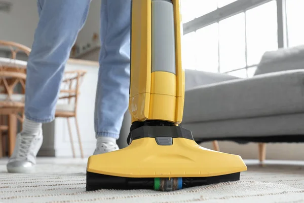 Young Woman Hoovering Carpet Home Closeup — Stock Photo, Image
