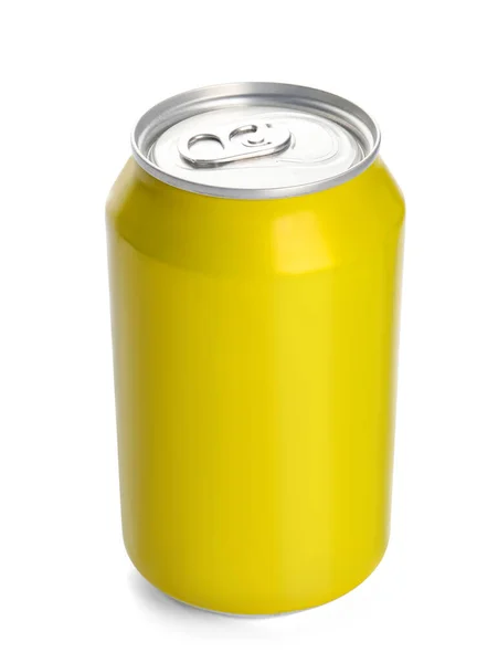 Lata Amarela Refrigerante Fresco Fundo Branco — Fotografia de Stock