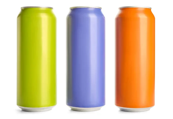 Different Cans Fresh Soda Isolated White Background — Stock Photo, Image