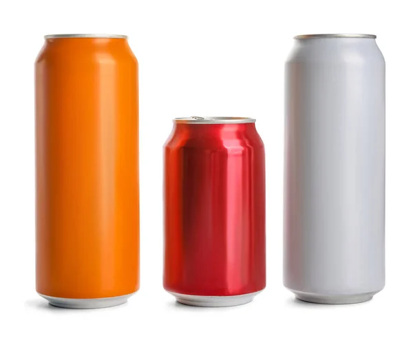 Different Cans Fresh Soda Isolated White Background — Stock Photo, Image