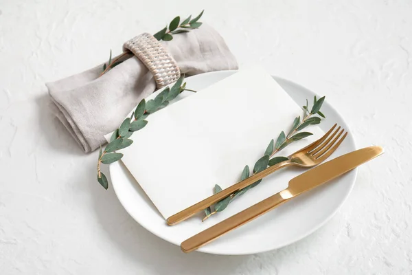 Clean Plate Blank Invitation Card Cutlery Eucalyptus Branches White Table — Stock Photo, Image