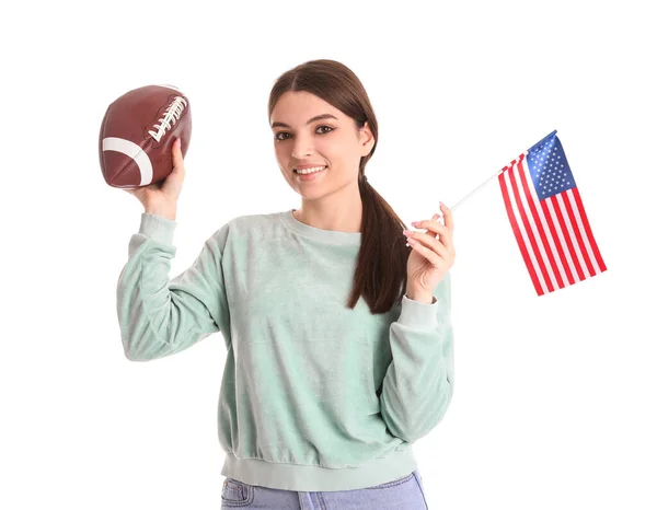 Молода Жінка Американським Прапором Регбі Ячем Білому Тлі — стокове фото