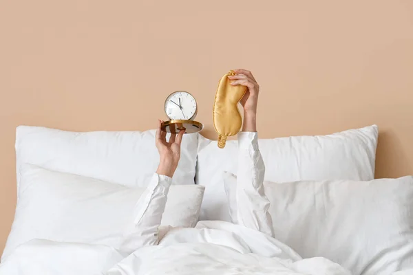 Morning Young Woman Alarm Clock Sleeping Mask Bed — Stock Photo, Image