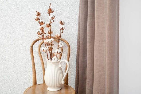 Cotton Sprigs Jug Wooden Chair Curtains White Wall — Stock Photo, Image