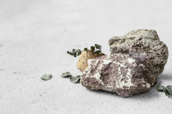 Podios Decorativos Piedra Con Eucalipto Sobre Mesa Blanca —  Fotos de Stock