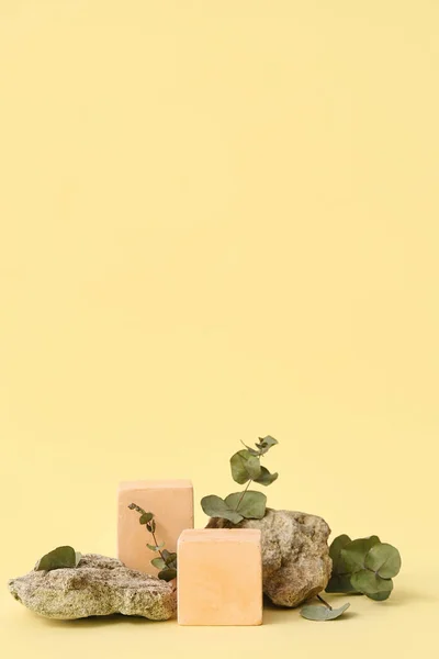 Decorative Stone Podiums Eucalyptus Beige Background — Stock Photo, Image