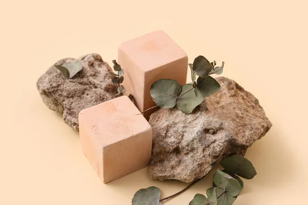 Decorative Stone Podiums Eucalyptus Beige Background — Stock Photo, Image