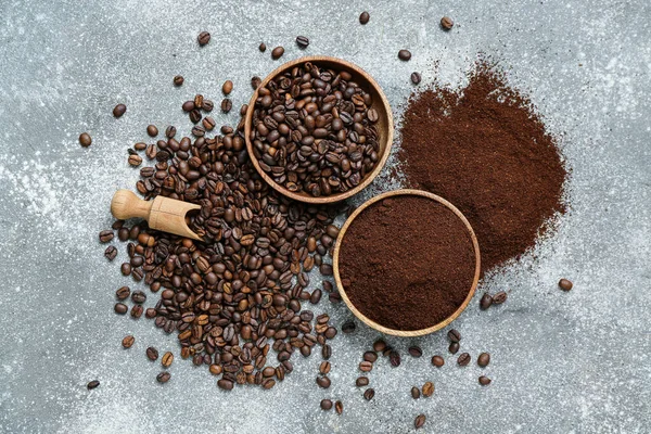 Bowls Coffee Beans Powder Grey Background — Stock Photo, Image