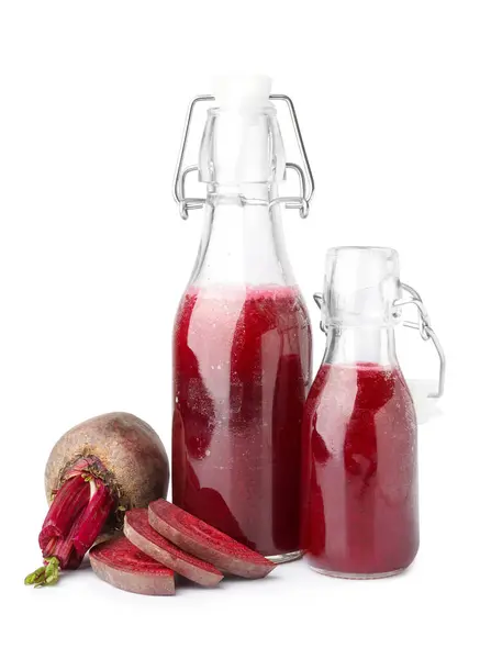 Bottles Healthy Beet Juice White Background — Stock Photo, Image