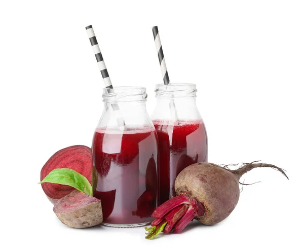 Bottles Healthy Beet Juice Spinach White Background — Stock Photo, Image