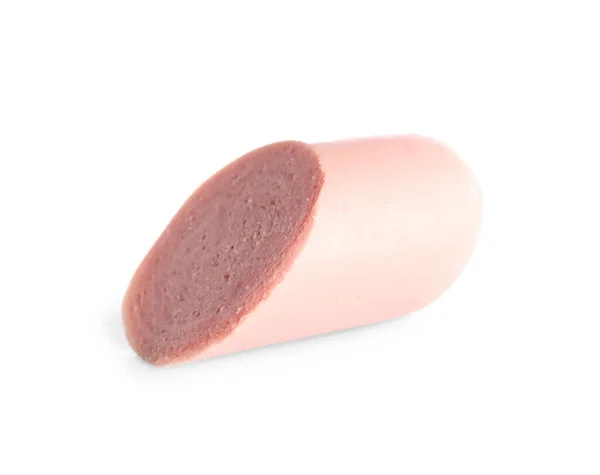 Slice Tasty Thin Sausage White Background — Stock Photo, Image