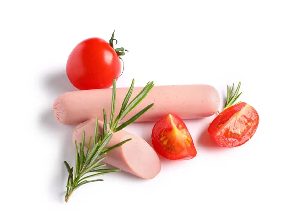 Tasty Thin Sausages Tomatoes Rosemary White Background — Stock Photo, Image