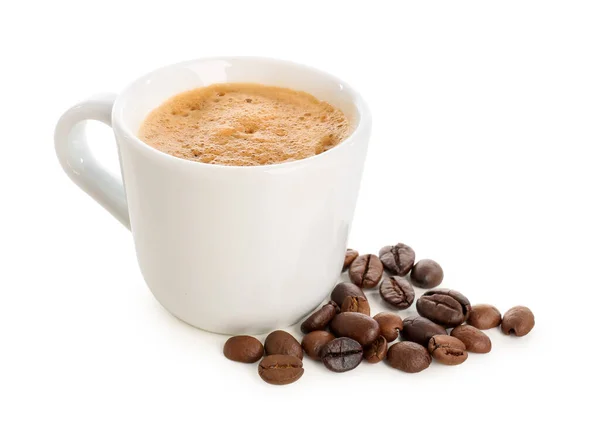 Cup Delicious Espresso Coffee Beans White Background — Stock Photo, Image