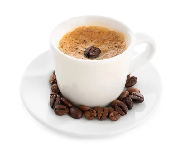 Cup Delicious Espresso Coffee Beans Saucer White Background — Stock Photo, Image