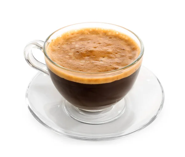 Glas Kopp Läcker Espresso Och Fat Vit Bakgrund — Stockfoto