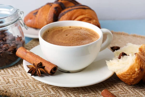 Cup Delicious Espresso Coffee Beans Croissant Table Closeup — Stock Photo, Image
