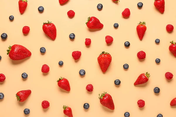Different Fresh Berries Orange Background — Stock Photo, Image