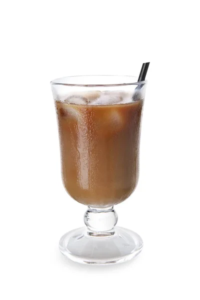 Ένα Ποτήρι Παγωμένο Καφέ Καλαμάκι Λευκό Φόντο — Φωτογραφία Αρχείου