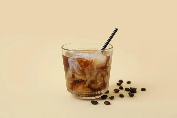 Glass Ice Coffee Straw Beans Yellow Background — Stock Photo, Image