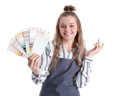 Female artist with paint color palettes on white background