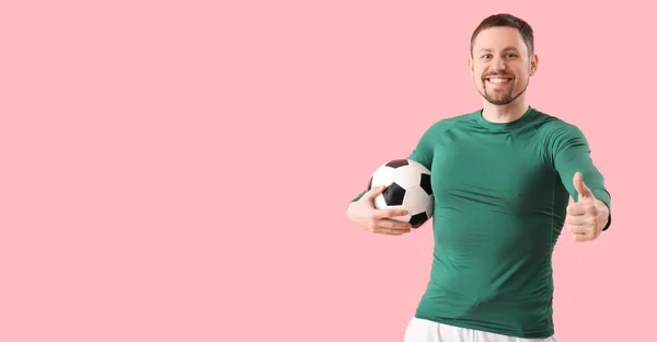 Happy Man Soccer Ball Showing Thumb Pink Background Space Text — Stock Photo, Image