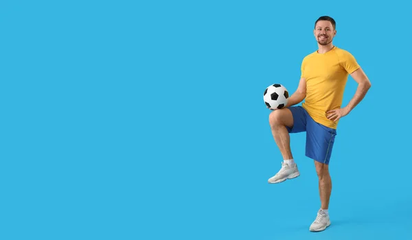 Man Playing Soccer Blue Background Space Text — Stock Photo, Image