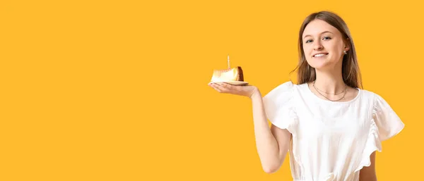 Pretty Young Woman Birthday Cake Yellow Background Space Text — Stock Photo, Image