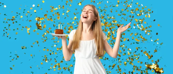 Mujer Joven Feliz Con Pedazo Pastel Cumpleaños Confeti Cayendo Sobre —  Fotos de Stock