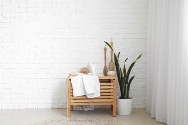 Masaj fırçalı banyo aksesuarları ve odasındaki ahşap çekmeceye havlu.