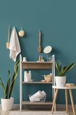 Raflar, masa ve aksesuarlarla dolu bir banyo.