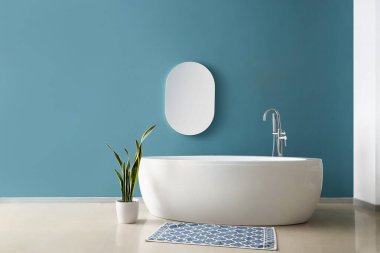 Mavi duvarın yanında küveti, aynası ve bitkisi olan basit bir banyo.