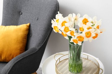 Beyaz duvarın yanındaki sehpanın üzerinde çiçek açan narsis çiçekleri olan rahat gri koltuk ve vazo.