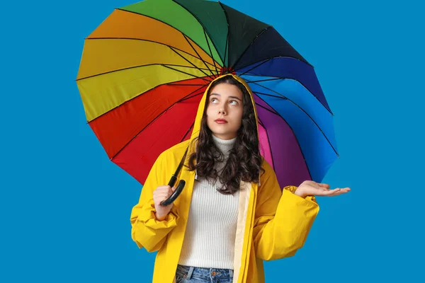 Teenage Girl Raincoat Umbrella Blue Background — Stock Photo, Image