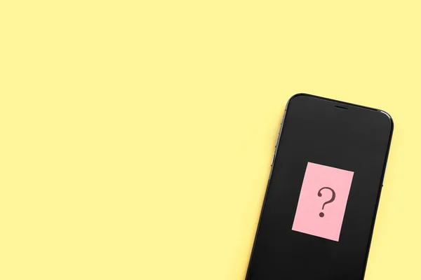 Mobile Phone Question Mark Yellow Background — Stock Photo, Image