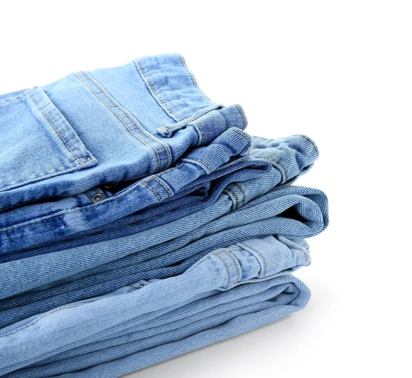 Pila Jeans Sobre Fondo Blanco Primer Plano — Foto de Stock