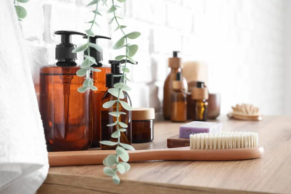 Bath Accessories Massage Brush Table White Brick Wall Closeup — Stock Photo, Image