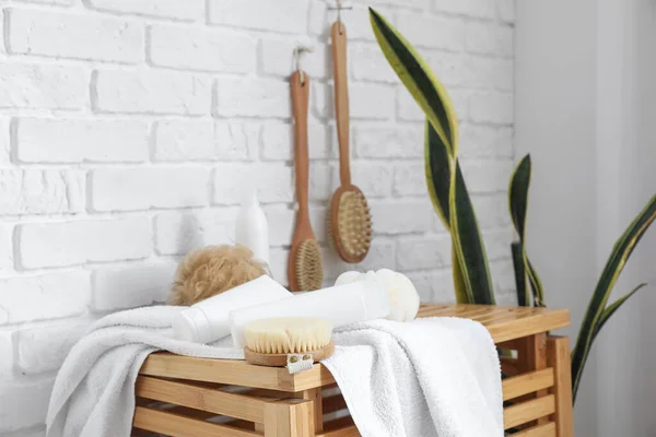 Bath Accessories Massage Brushes Towel Wooden Drawer Room — Stock Photo, Image