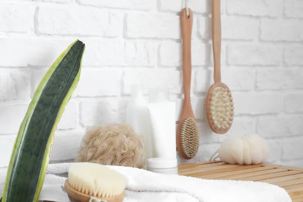 Bath Accessories Massage Brushes Towel Wooden Drawer Room Closeup — Stock Photo, Image