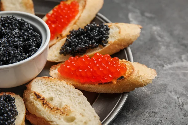 Tasty Bruschettas Red Black Caviar Dark Grunge Background — Stock Photo, Image