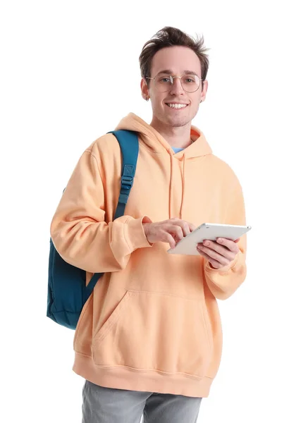 Мужчина Студент Планшетным Компьютером Белом Фоне — стоковое фото