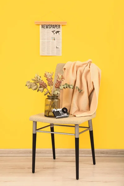 Vase Baby Pineapples Eucalyptus Photo Camera Chair Yellow Wall — Stock Photo, Image