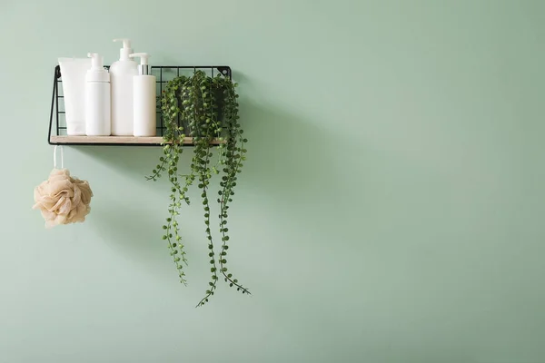 緑の壁に浴室の付属品や植物と棚 — ストック写真