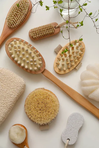 Bath Accessories Massage Brushes White Table Top View — Stock Photo, Image