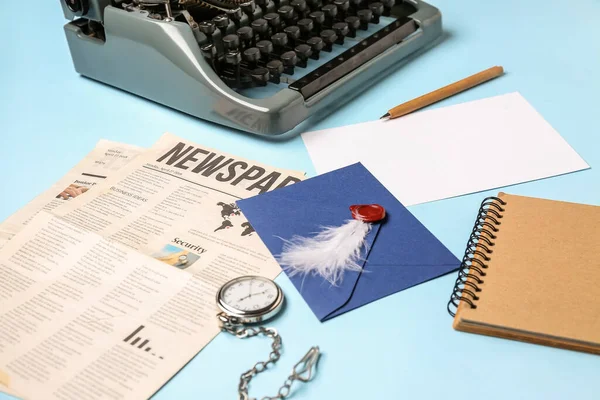Composition Vintage Typewriter Envelope Pocket Watch Paper Sheet Blue Background — Stock Photo, Image
