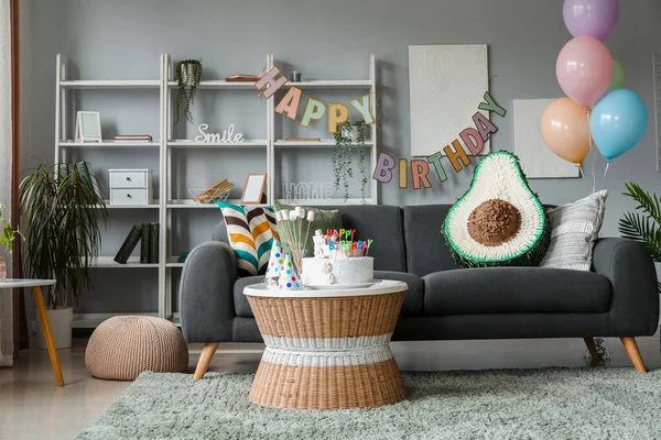 Interior Living Room Birthday Cake Balloons Pinata Grey Sofa — Stock Photo, Image