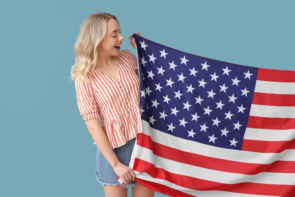 Young Woman Usa Flag Blue Background — Stock Photo, Image