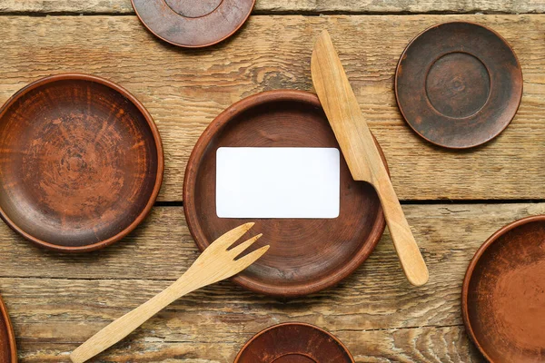 Plates Blank Card Cutlery Wooden Background — Stock Photo, Image